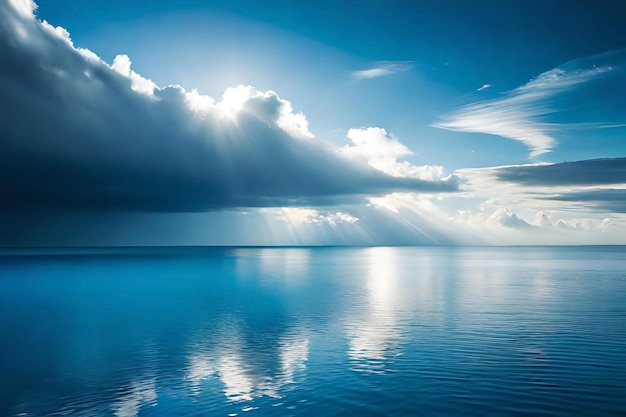 Un océan bleu avec un ciel nuageux et des rayons de soleil traversant les nuages