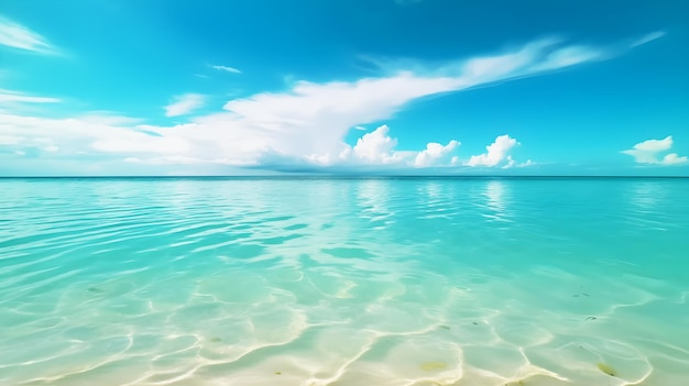 Un océan bleu clair avec un ciel clair et une plage en arrière-plan.