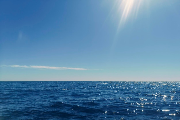 Océan bleu, surface de l'eau et ciel bleu