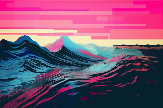 Un océan coloré avec des vagues et les mots mer et montagnes dessus.