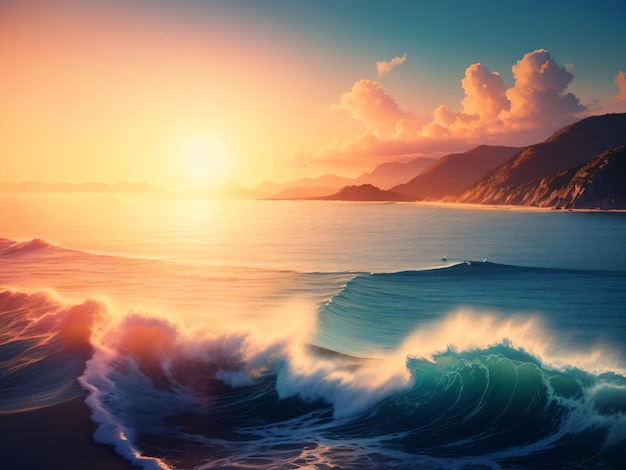 Océan contre un ciel de coucher du soleil avec des vagues de mer