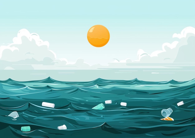 l'océan avec des déchets plastiques flottants sous un ciel lumineux et le soleil