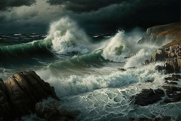 L'océan est un enfer déchaîné alors qu'une tempête libère sa puissance destructrice avec des vagues qui montent et s'effondrent Généré par l'IA