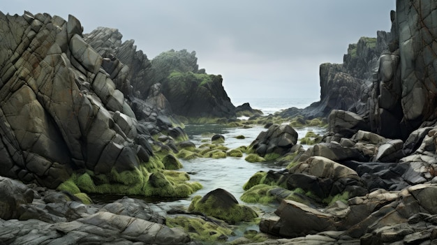 L'océan gothique brumeux entouré de rochers tranchants et de formations organiques