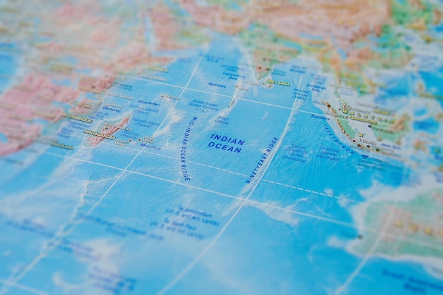 Océan Indien en gros plan sur la carte Focus sur le nom Océan Indien Effet de vignettage