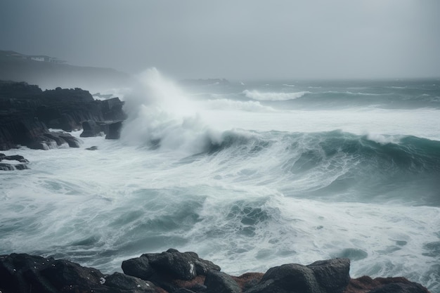 Océan orageux avec des vagues déferlantes et une brume roulante créée avec une IA générative