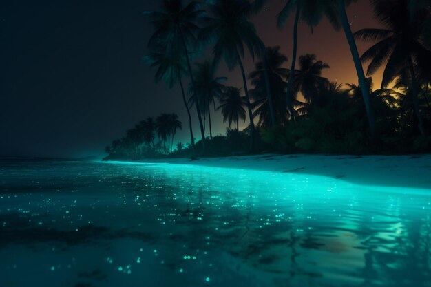 Océan plage ciel lumineux palmier paradis arbre nuit vacances bleu tropical IA générative