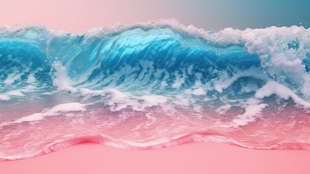 Un océan rose et bleu avec une vague sur le sable.