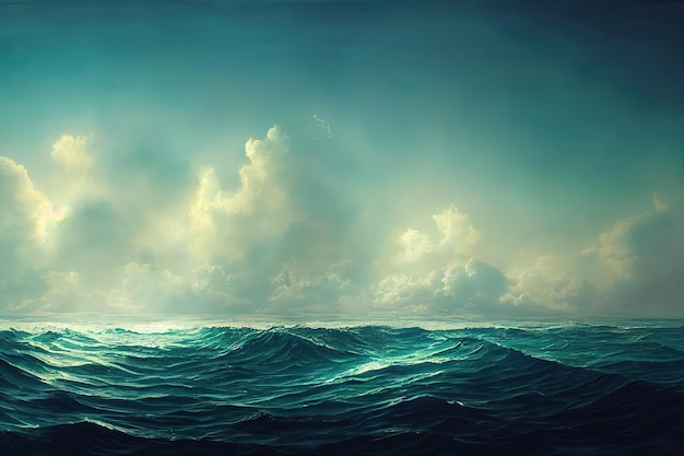 Océan rude avec de grandes vagues de la mer Mer ondulée et belle L'océan Pacifique fait rage Illustration numérique Peinture numérique