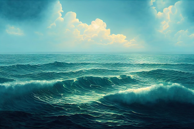 Océan rude avec de grandes vagues de la mer Mer ondulée et belle L'océan Pacifique fait rage Illustration numérique Peinture numérique