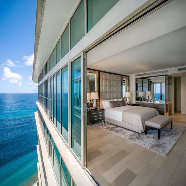 Photo ocean serenity suite de luxe avec lit king vue sur l'océan et élégance moderne