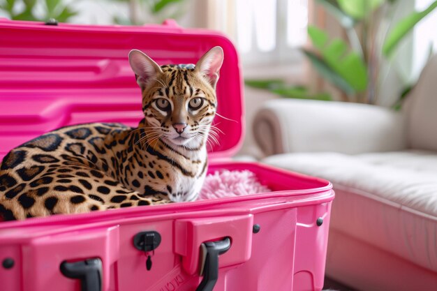 un ocelot assis dans une valise