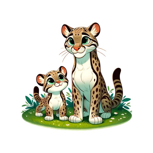 Ocelot Famille chaude sur la mousse verte