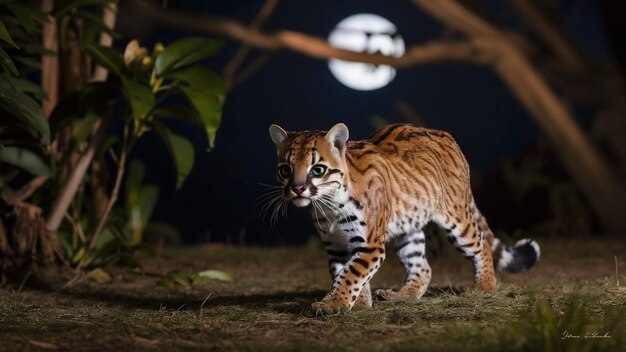 Un ocelot très rare dans la nuit de la jungle brésilienne