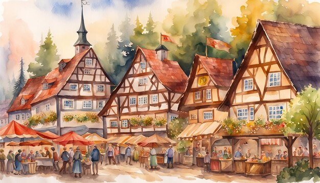 Photo octoberfest sur le village avec illustration aquarelle