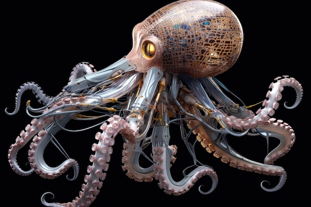 Octopus cyborg animal isolé sur fond noir illustration générative ai