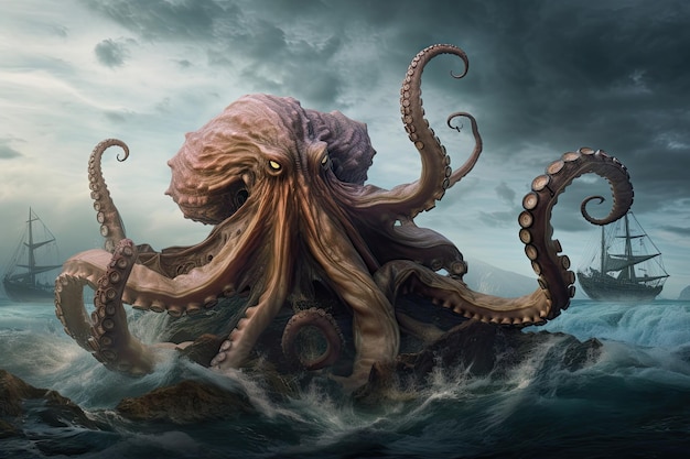 Octopus kraken monster s'élevant des profondeurs avec ses huit tentacules prêts à s'attaquer