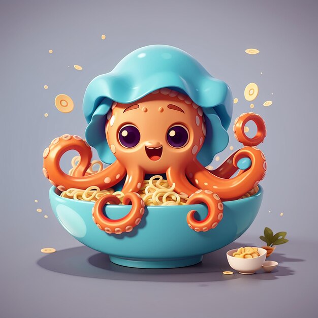 Octopus Ramen Delight Icône de dessin animé d'un mignon céphalopode refroidissant dans des nouilles