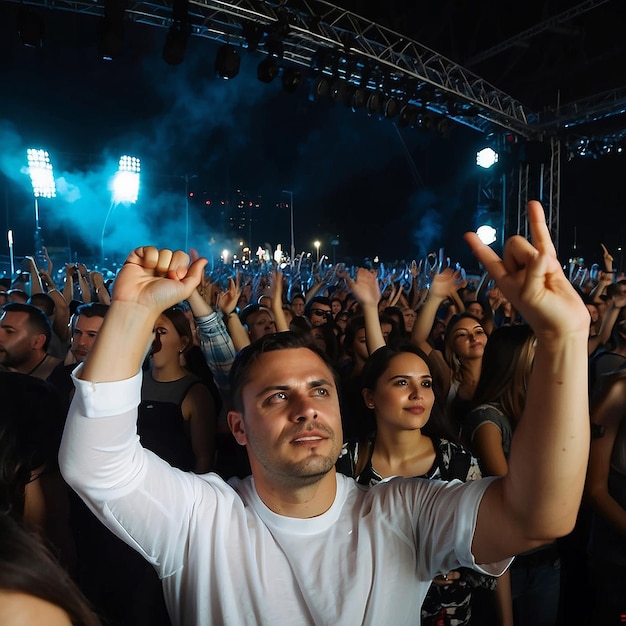 Photo odessa ukraine 1 août 2017 la couverture de ramstein montre des silhouettes de la foule du concert devant les lumières lumineuses de la scène les fans à la fête de la nuit du concert le public lève la main