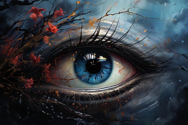 L'oeil bleu de la belle femme avec des feuilles d'automne dans sa main