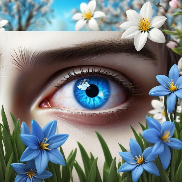 Photo l'œil bleu dans le jardin de fleurs du printemps
