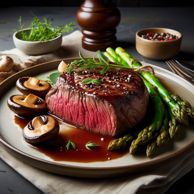 Oeil de bœuf d'un steak rond avec des asperges et des champignons