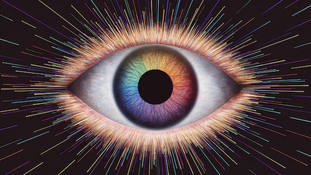 un œil coloré avec un iris de couleur arc-en-ciel dessus