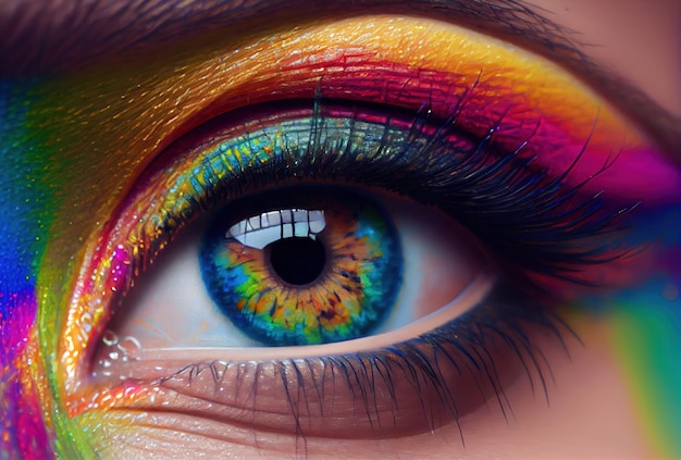 Un œil coloré avec un maquillage pour les yeux aux couleurs de l'arc-en-ciel