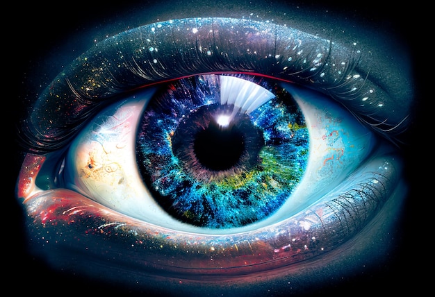 L'œil cosmique en gros plan œil humain avec des cils réflexion du big bang dans la pupille