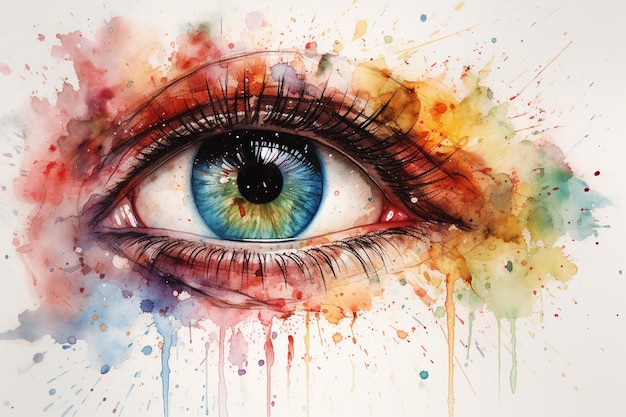 Oeil féminin avec un fond d'aquarelle coloré abstrait illustration dessinée à la main