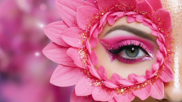 Photo oeil féminin en gros plan avec un beau maquillage rose vif à la mode