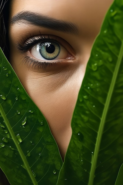 L'œil de la femme est vu à travers la feuille verte AI générative