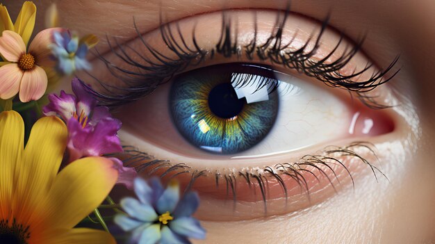 Photo l'œil de la femme en gros plan, l'œil féminin avec des fleurs, une belle photo enchanteuse de l'oeil floral.