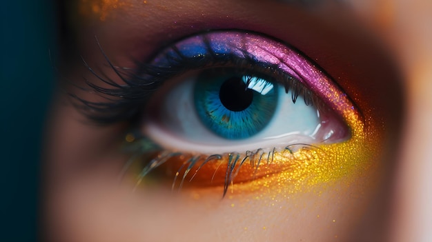 L'oeil d'une femme avec un maquillage des yeux bleu vif.