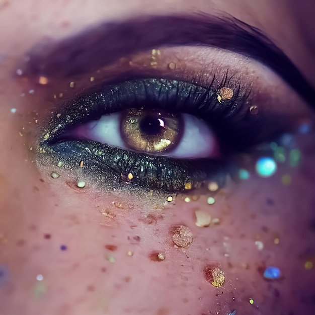 Un oeil de femme avec des paillettes dessus et le mot " glitter " sur le côté gauche.