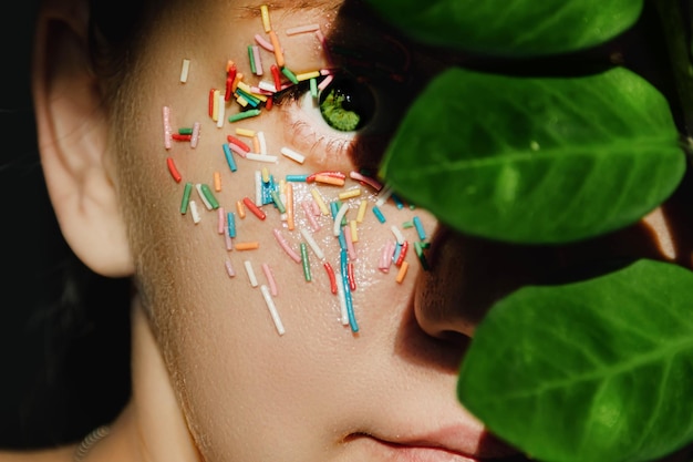 Un œil de femme vert ouvert avec une douce saupoudrage multicolore sur la paupière et une plante à grandes feuilles vertes