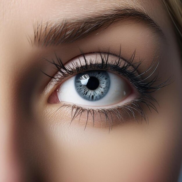 un œil de femme avec des yeux bleus et un œil blanc.