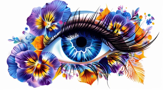 Oeil floral avec des éclaboussures d'aquarelle sur fond blanc