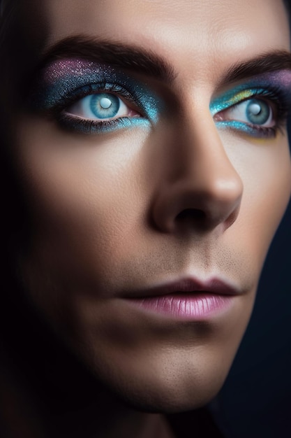 Oeil d'un homme transgenre peint avec du mascara coloré Visage d'un homme gay avec du maquillage en gros plan Illustration générative de l'IA