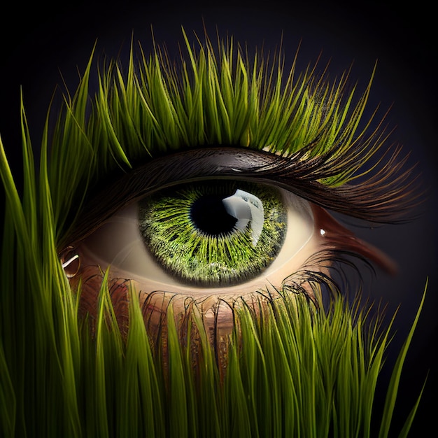 Oeil humain parmi l'herbe verte, l'herbe sur les cils. Illustration inhabituelle pour le design, fond naturel