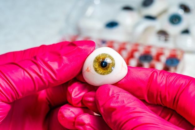 Oeil humain en plastique artificiel dans les mains des médecins