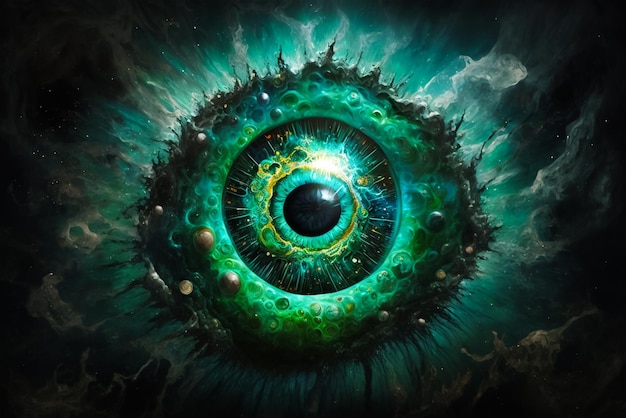 Oeil vert fantastique de science-fiction avec toute une galaxie à l'intérieur