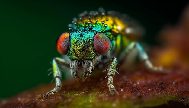 Oeil vert de la mouche domestique poilue en très gros plan généré par l'IA