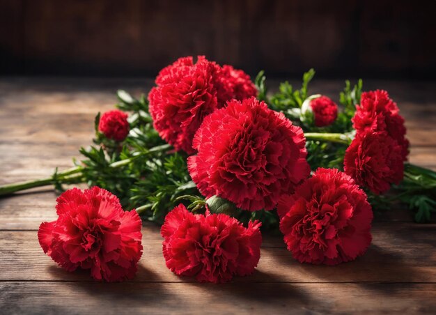 Des œillets rouges sur une table en bois.