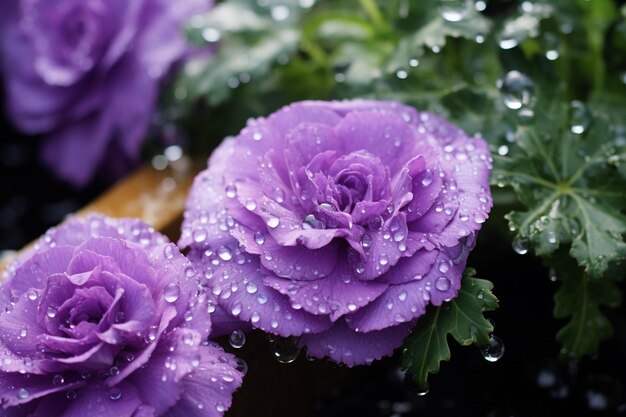 Photo des œillets violets ornés de gouttes de flocons de neige une nature morte par temps de pluie