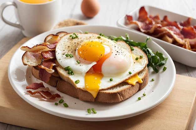 Oeuf bio Sunnyside up avec pain grillé et bacon pour le petit-déjeuner