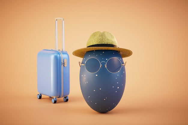 Un oeuf bleu dans un chapeau et des lunettes à côté des bagages sur un rendu 3D de fond pastel