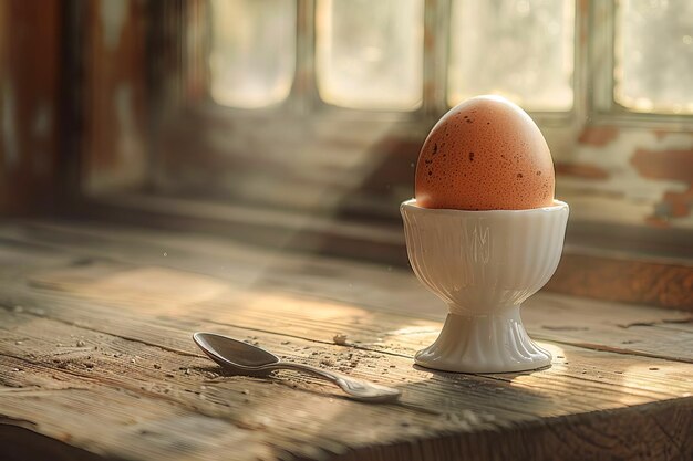Un œuf bouilli dans une tasse d'œufs pour le petit déjeuner sur une surface en bois générée par l'IA