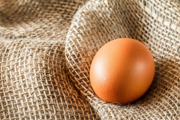 Un œuf brun dépose sur la toile de jute