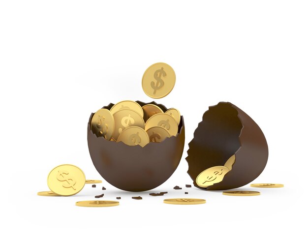 Oeuf cassé de Pâques au chocolat avec des pièces d'un dollar